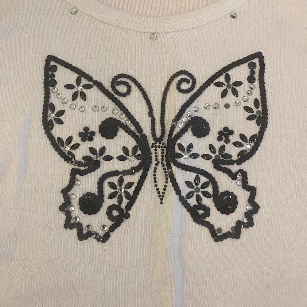 Women’s White Tank Top with Black Sequin Butterfly - Medium